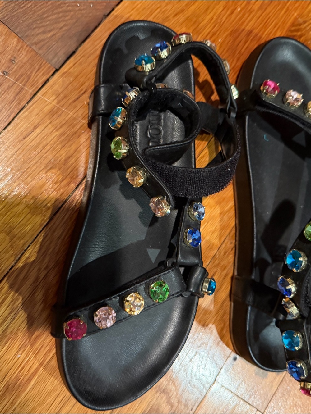 Mystique Boutique Black Sandals with Multicolored Gem Accents